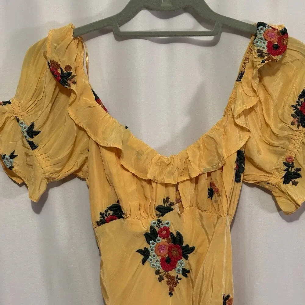 Free People Bali Santa Cruz Ruffle Maxi Dress S Yellow Floral Puff Sleeve Boho